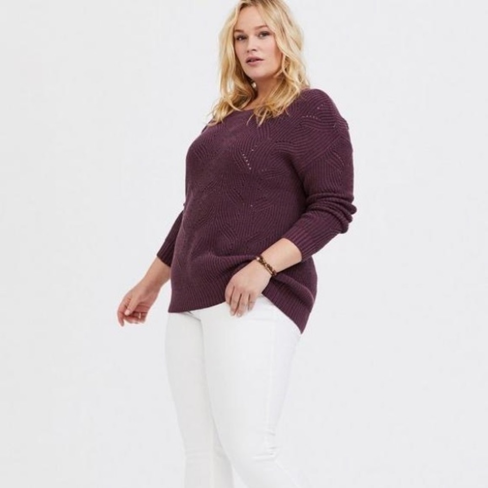 Torrid Pointelle Pullover Crew Neck Sweater Cotton Blend Eggplant Size 1 (1X)